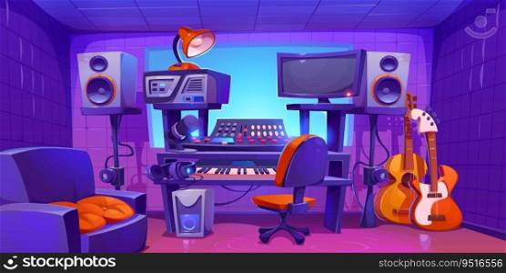 Music record studio booth room cartoon vector illustration. Audio and sound production equipment in producer workstation with armchair. Guitar, speaker, headphones and pro synthesizer on table. Music record studio booth room cartoon vector