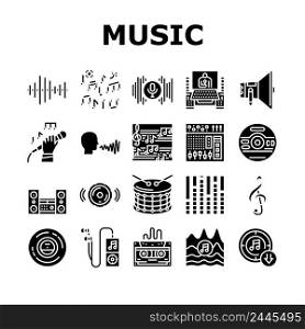 Music Record Studio Equipment Icons Set Vector. Compact Disc And Vinyl, Mp3 Player And Tape For Listening Music Song In Headphones. Singer Singing In Microphone Glyph Pictograms Black Illustrations. Music Record Studio Equipment Icons Set Vector