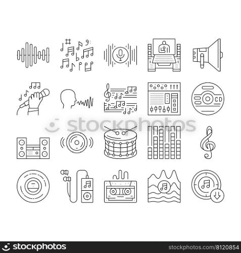 Music Record Studio Equipment Icons Set Vector. Compact Disc And Vinyl, Mp3 Player And Tape For Listening Music And Song In Headphones. Singer Singing In Microphone Black Contour Illustrations. Music Record Studio Equipment Icons Set Vector