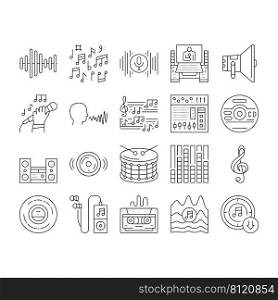 Music Record Studio Equipment Icons Set Vector. Compact Disc And Vinyl, Mp3 Player And Tape For Listening Music And Song In Headphones. Singer Singing In Microphone Black Contour Illustrations. Music Record Studio Equipment Icons Set Vector