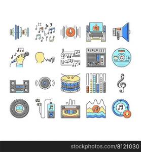 Music Record Studio Equipment Icons Set Vector. Compact Disc And Vinyl, Mp3 Player And Tape For Listening Music And Song In Headphones. Singer Singing In Microphone Color Illustrations. Music Record Studio Equipment Icons Set Vector
