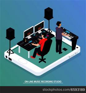 Music recording studio equipment isometric composition with two human characters recording music with pro audio devices vector illustration. Production Music Isometric Composition