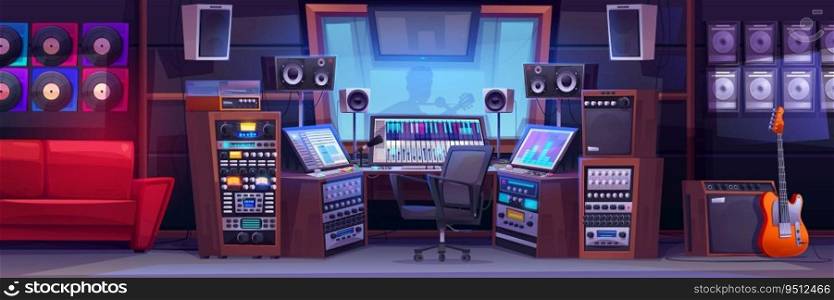 Music recording studio interior with sound production equipment. Cartoon vector illustration of producer room with singer in booth behind glass, audio mixer and loudspeakers. Professional voice mixing. Music recording studio interior with equipment.