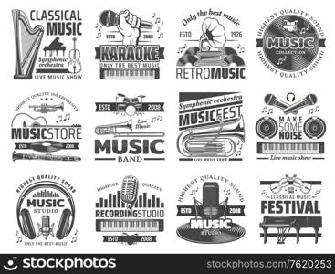 Music recording studio label, karaoke bar and jazz festival icons. Vector music band instruments, classical harp, piano and violin, musical store and DJ headphones with microphone and notes. Karaoke bar, music club and DJ recording studio
