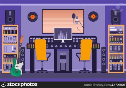 Music recording studio room with loudspeakers, guitar and control panels. Radio booth for singer and bands. Song audio record vector concept. Illustration of studio sound music. Music recording studio room with loudspeakers, guitar and control panels. Radio booth for singer and bands. Song audio record vector concept