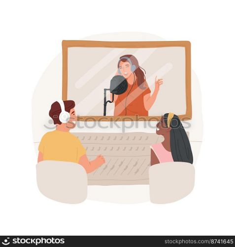 Music recording studio visit isolated cartoon vector illustration. Student with headphones singing in microphone, learn to record a song, music recording process, visit studio vector cartoon.. Music recording studio visit isolated cartoon vector illustration.