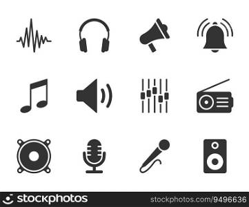 Music related symbols, such as: microphone, speaker, headphones, megaphone, music note, and etc. Flat vector illustration.