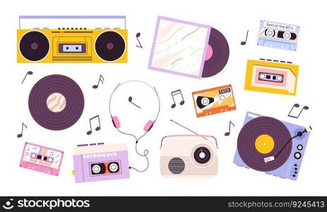 Music retro device, vinyl and headphones. 1980s style players collection, analogue sound radio, audio cassette recorder. Vintage racy vector collection of music vinyl sound illustration. Music retro device, vinyl and headphones. 1980s style players collection, analogue sound radio, audio cassette recorder. Vintage racy vector collection