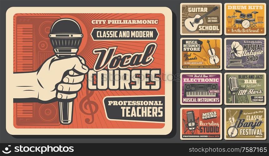 Music retro posters with musical instruments and microphones. Vector guitars, drums and saxophone, violin, musical notes and treble clef, vintage gramophone, synthesizers, banjo and djembe. Guitars, saxophone, musical microphone and drums
