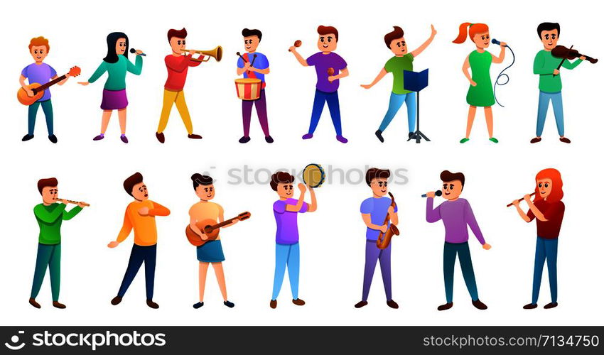 Music school people icons set. Cartoon set of music school people vector icons for web design. Music school people icons set, cartoon style