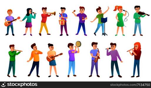 Music school people icons set. Cartoon set of music school people vector icons for web design. Music school people icons set, cartoon style