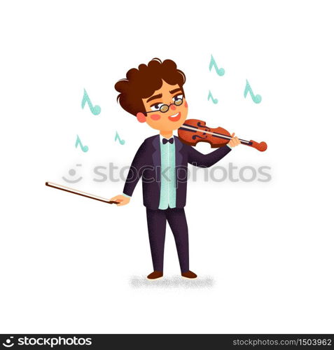 Music school. Violinist. Boy character playing violin. Children with musical instruments. Vector flat cartoon illustration with grain texture on white background. Music school. Violinist. Boy character playing violin. Children with musical instruments. Vector flat cartoon illustration with grain texture on white background.