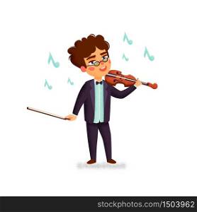 Music school. Violinist. Boy character playing violin. Children with musical instruments. Vector flat cartoon illustration with grain texture on white background. Music school. Violinist. Boy character playing violin. Children with musical instruments. Vector flat cartoon illustration with grain texture on white background.