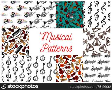 Music seamless patterns set with musical notes, string, wind, percussion and keyboard musical instruments, treble clef and symbols of music notation. Musical instruments and notes seamless pattern set