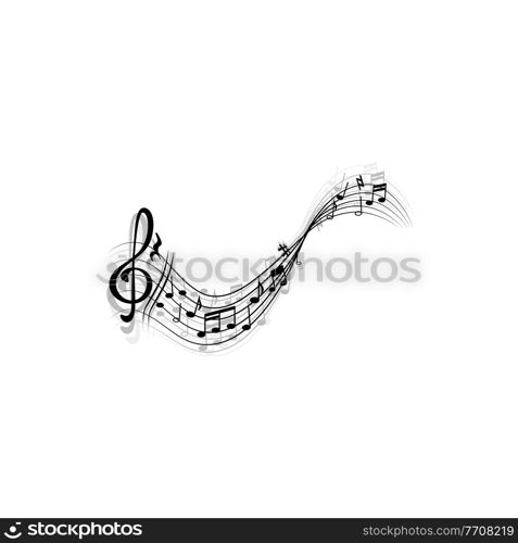 Music sheet with treble clefs and notes isolated monochrome icon. Vector clef sign, modern musical composition on paper, curve note lines and swirls. Quarter crotchets, bass melody swirls. Treble clef and notes isolate abstract music sheet