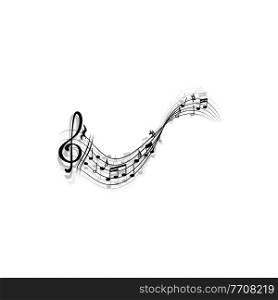 Music sheet with treble clefs and notes isolated monochrome icon. Vector clef sign, modern musical composition on paper, curve note lines and swirls. Quarter crotchets, bass melody swirls. Treble clef and notes isolate abstract music sheet