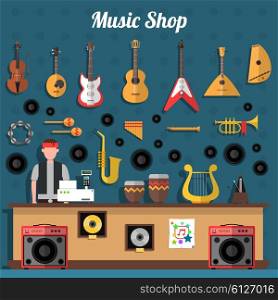 Music Shop Illustration . Music shop concept with musical instruments and records flat vector illustration