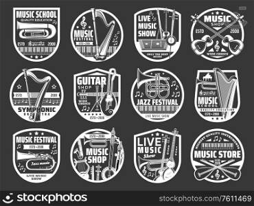Music shop, jazz and folk live music festival vector icons. Musical instruments store and guitar shop, musician school , orchestra band saxophone, piano and harp, folk mandolin and sitar icons. Live folk and jazz music fest, musician school