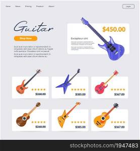 Music shop with catalog and reviews with details and info. Buying guitar, online info with prices and rating. Choosing instrument in internet. Website or webpage template, landing page flat vector. Online music shop, buying guitar in internet page