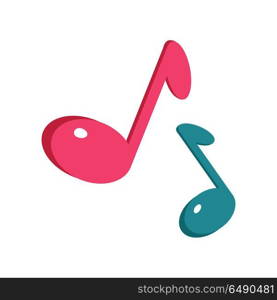 Music Sign Blue and Pink Notes Isolated on White. Music sign blue and pink notes isolated on white. Musical notes icon. Modern stereo system sign. Acoustics icon. Dynamics sign symbol. Amplifier accessories. Dolby surround element. Vector