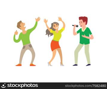 Music singer and people dancing in club isolated vector. Male and female couple, vocalist holding microphone, young clubbers male and female partying. Music Singer and People Dancing in Club Isolated