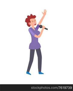 Music singer, woman stretching hand up raising arms vector. Female performer, musician singing songs, stylish personage with fancy hairstyle concert. Music Singer, Woman Stretching Hand Up Raising Arm