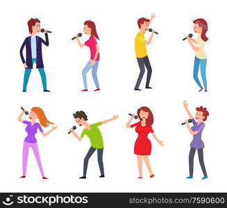 Music singers male and females performers set vector. People singing for leisure and entertainment, man and woman dancing and holding microphones. Music Singers Male and Females Performers Set