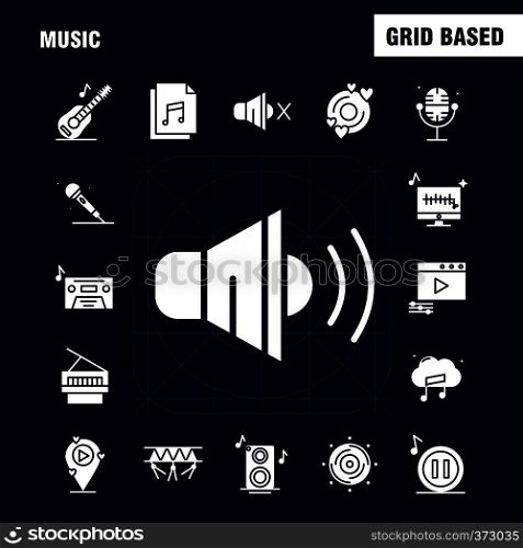 Music Solid Glyph Icons Set For Infographics, Mobile UX/UI Kit And Print Design. Include: Music, Play, File, Data, Music, Play, Setting, Gear, Icon Set - Vector