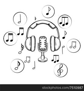 Music, sound and entertainment sketches with microphone and earphones surrounded by circular icons with music notes. Music, sound and entertainment sketches
