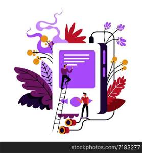 Music sounds audio files playing in mp3 player vector. People with big walkman and foliage as decoration. Electronic device reading records and tunes, gadget with headphones, earphones and leaves. Music sounds audio files playing in mp3 player