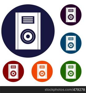 Music speaker icons set in flat circle red, blue and green color for web. Music speaker icons set