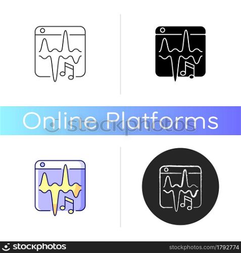 Music streaming service icon. Listening to songs, podcasts online. Personal playlist. Stream media content via Internet. Digital music. Linear black and RGB color styles. Isolated vector illustrations. Music streaming service icon