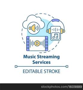Music streaming services concept icon. New media ex&le idea thin line illustration. Uploading music collection to cloud. Vector isolated outline RGB color drawing. Editable stroke. Music streaming services concept icon