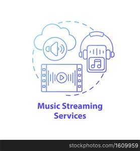Music streaming services concept icon. New media idea thin line illustration. Songs downloading for offline playback. Uploading music collection to cloud. Vector isolated outline RGB color drawing. Music streaming services concept icon
