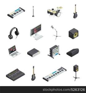 Music Studio Elements Set. Set of isolated music recording studio gear icons with various musical instruments modules and mixing console vector illustration
