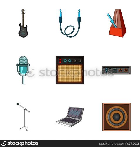 Music studio equipment icons set. Cartoon set of 9 music studio equipmen vector icons for web isolated on white background. Music studio equipment icons set, cartoon style