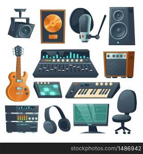 Music studio equipment isolated on white background. Vector cartoon set of sound recording tools, guitar and synthesizer, audio mixer, amplifier and microphone. Professional music workstation. Music studio equipment for sound recording