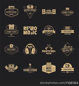 Music studio logo icons set. Simple illustration of 16 music studio logo vector icons for web. Music studio logo icons set, simple style