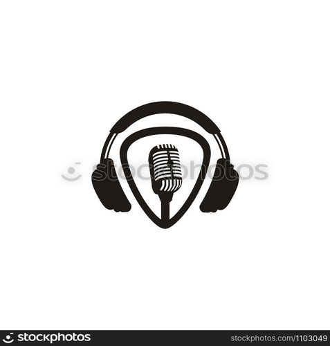 Music Studio Record / Podcast Logo with Microphone Headphone and Guitar Pick Icon