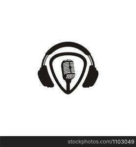 Music Studio Record / Podcast Logo with Microphone Headphone and Guitar Pick Icon