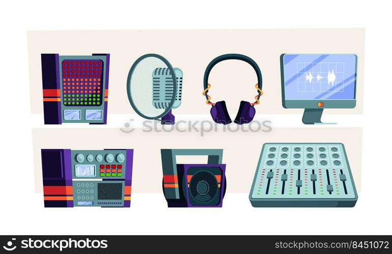 Music studio. Speaker audio mixer acoustic recorder sound engineering microphone and&lifier garish vector music tools. Illustration of mixer studio and musical equipment speaker. Music studio. Speaker audio mixer acoustic recorder sound engineering microphone and&lifier garish vector music tools