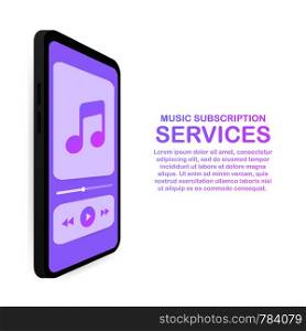 Music subscription services landing page website template. Vector isometric smartphone with headphones. Vector stock Illustration.