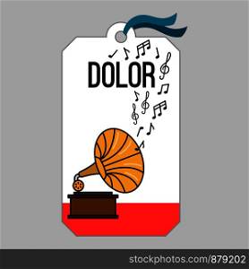 Music tag or musical label or banner with gramophone vector illustration. Music tag with gramophone