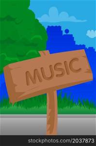 Music text on Wooden sign. Cartoon vector illustration. Listening to music concept.