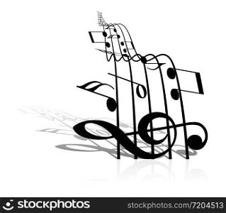 Music theme - black notes on white background with shadow and reflection