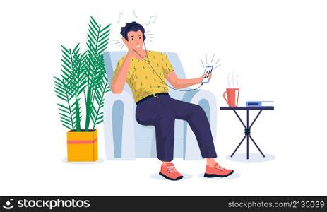 Music therapy. Cartoon character listen music via headphones and enjoying sound, podcast or online interview. Vector illustration young person with earphones listen musics. Music therapy. Cartoon character listen music via headphones and enjoying sound, podcast or online interview. Vector young person with earphones