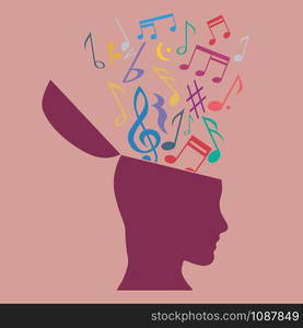 Music therapy concept, musical notes in the head. Flat design