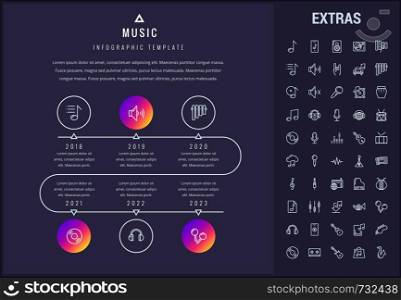 Music timeline infographic template, elements and icons. Infograph includes years, line icon set with musical instruments, music notes, smartphone with mobile application, vinyl record, equalizer etc.. Music infographic template, elements and icons.