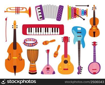 Music tools. Electronic guitar, child musical instruments. Composer objects, cartoon flat kids flute, drum, violin. Orchestra stickers classy vector set. Illustration of guitar electronic and music. Music tools. Electronic guitar, child musical instruments. Composer objects, cartoon flat kids flute, drum, violin. Orchestra stickers classy vector set