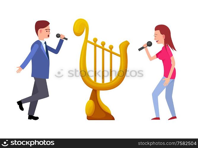 Music tournament vector, singers man and woman with gold trophy in form of harp. Competition musical performance, instrument reward prize for songs. Music Tournament, Singers with Gold Trophy Harp